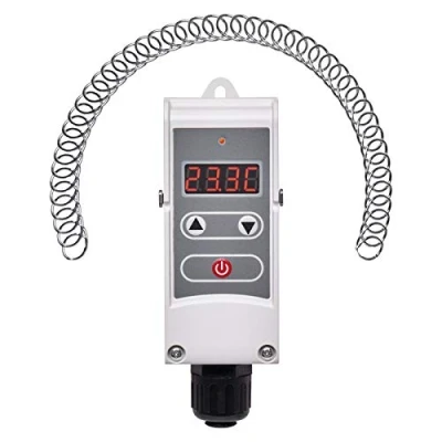 Abbildung von EMOS P5683 Anlegethermostat mit einstellbarer Schaltempfindlichkeit, Schraubenfeder und digitalem Display / Rohranlegethermostat Einstellbereich 5 C bis 80 C, 45 x 110 mm