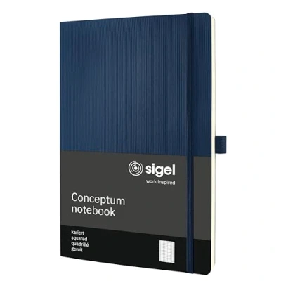 Abbildung von SIGEL CO316 Premium Notizbuch kariert, A4, Softcover, blau, aus nachhaltigem Papier Conceptum mit Seitenzahlen, Inhaltsverzeichnis, Stiftschlaufe, Falttasche