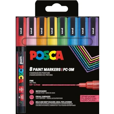 Abbildung von POSCA 186539 Marker Set, 8 Acrylstifte Glitzer PC 3M, Permanent 0,9 1,3 mm Rundspitze