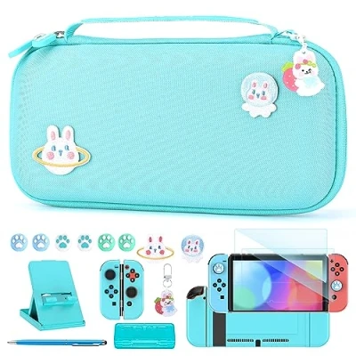 Abbildung von Switch Tasche für NS innoAura 18 in 1 Zubehör mit Hülle, Spiele Aufbewahrung, Schutzfolie, Ständer, Joystick Kappen (Blau)