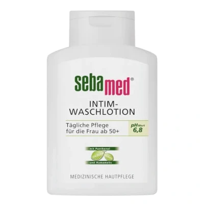 Abbildung von Sebamed Intim Waschlotion pH 6,8, ab den Wechseljahren, reinigt sanft bei Trockenheit im sensiblen Intimbereich und unterstützt natürlichen Schutz gegen Reizfaktoren die Feuchtigkeitsbalance
