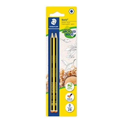 Abbildung von STAEDTLER Bleistift Noris 120, Made from Upcycled Wood, Härtegrad 2B, Rutschfeste Soft Oberfläche, hohe Buchfestigkeit, Qualität in Germany, Blisterkarte mit 2 Stück, 120 0 BK2D