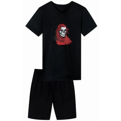 Abbildung von Jungen Schlafanzug kurz, weicher Single Jersey aus 100% Baumwolle und Hose in Bermuda Form mit Motiv Dark Night, schwarz Grösse 140