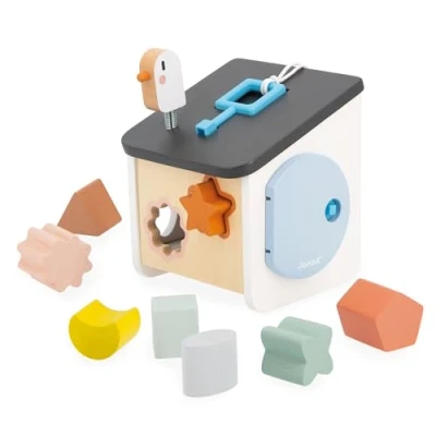 Abbildung von Janod Sweet Cocoon Vogelhaus Formensortierer 8 Teile zum Stecken Baby und Kleinkindspiel Farben Formen Lernen Spielzeug aus FSC Holz Ab 18 Monaten, J04062