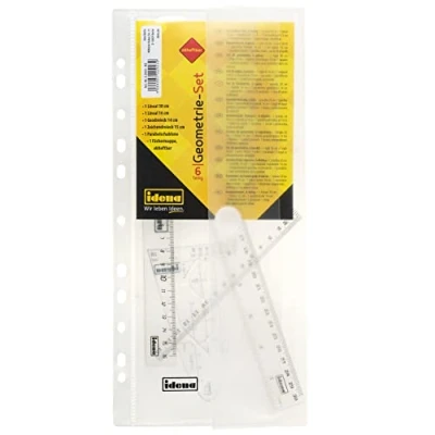 Abbildung von Idena 22923 Geometrie Set 6 teilig mit 2 Linealen, Zeichendreieck, Parabel, Geo Dreieck und abheftbarer Aufbewahrungsmappe, transparent, aus Kunststoff