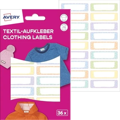 Abbildung von AVERY Zweckform ETVET36M Namensaufkleber wasserfest für Kleidung 36 Stück (13x45mm, Vinyl Folie, selbstklebende Textil Etiketten, beschriftbare Textilaufkleber, Waschmaschine, Trockner) pastell