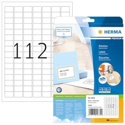 Abbildung von HERMA 4334 Universal Etiketten, 25 Blatt, 25,4 x 16,9 mm, 112 pro A4 Bogen, 2800 Stück, selbstklebend, bedruckbar, matt, blanko Papier Klebeetiketten Aufkleber, weiß