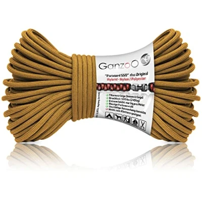 Abbildung von Ganzoo Paracord 550 Seil / 4mm Nylon/Polyester/Typ Hybrid/Armband Hunde Leine/Hunde Halsband 250Kg. Bruchlast/Outdoor Rope/Camping Schnur/Allzweckseil 30 Meter/Gold Braun