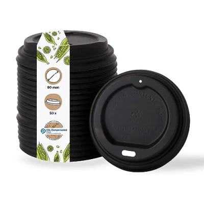 Abbildung von BIOZOYG Coffee To Go Deckel für Trinkbecher Ø 80mm I 50 Pappbecher aus CPLA Biokunststoff 100% biologisch abbaubar, kompostierbar, recycelbar Trinkloch Becherdeckel flach schwarz