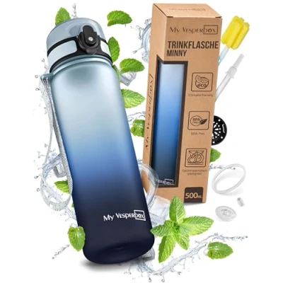 Abbildung von My Vesperbox Minny Kinder Trinkflasche auslaufsicher 500ml mit Strohhalm oder Sieb leichte Tritan Wasserflasche BPA frei für Kindergarten, Schule (500ml, Blauverlauf)