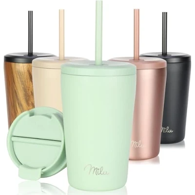 Abbildung von Milu Thermobecher 300ml, 400ml, 500ml 100% Auslaufsicher Edelstahl Kaffeebecher to go isoliert mit Strohhalm hält 10h heiß / 20h kalt, BPA frei (Lily green, 400ml)