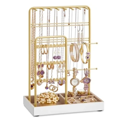 Abbildung von SONGMICS Schmuckständer, Schmuckhalter, Metallrahmen, Schmucktablett Samt, Schmuckaufbewahrung für Halsketten Armbänder Ohrringe Ohrstecker Ringe, Geschenkidee, Weihnachten, goldfarben JJS021A01
