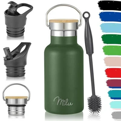 Abbildung von Milu Edelstahl Trinkflasche 350ml 500ml 750ml 1000ml (+3 Deckel) Thermosflasche mit Strohhalm Isolierte Wasserflasche für Kinder, Erwachsene, unterwegs, auslaufsicher (Olivgrün, 350ml)