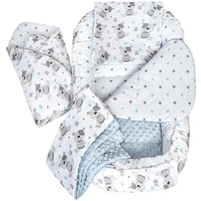 Abbildung von Medi Partners 5 teilig Babynestchen Set Babynest 90x50 herausnehmbarer Einsatz Bett Kuschelnest Krabbeldecke Babys Neugeborene 100% Baumwolle (Teddybär mit Hellblauen Minky)