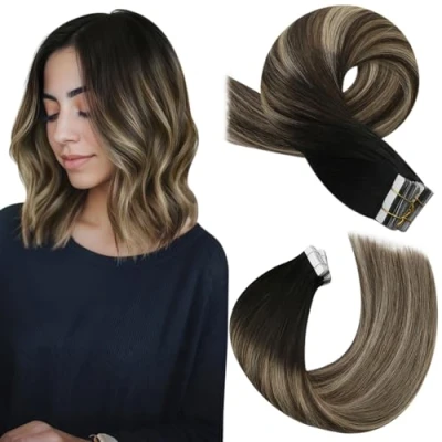 Abbildung von Moresoo Tape in Extension Echthaar Balayage Schwarz Remy Unsichtbare Extensions zu Dunkelbraun mit Karamellblond Haarextension 20 Stück/50g 35 cm #1B/3/27