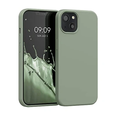 Abbildung von kwmobile Hülle kompatibel mit Apple iPhone 13 Silikon Handy Case Handyhülle weiche Oberfläche kabelloses Laden Graugrün