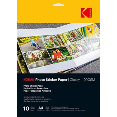 Abbildung von KODAK Photo Sticker Paper Fotopapier mit Selbstklebefunktion, Glänzende Oberfläche, Pack 10 Blättern, Format A4 (21x29,7 cm), 120 gsm, Kompatibel Tintenstrahldruckern