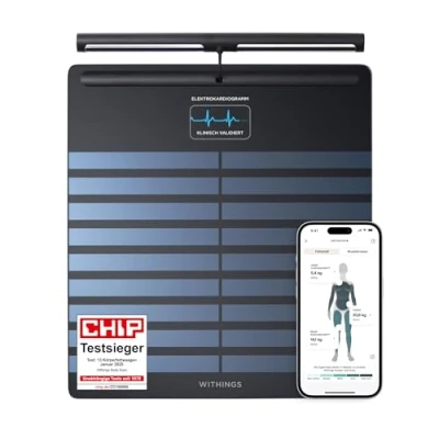 Abbildung von WITHINGS Body Scan Vernetzte WLAN Waage zur Verbesserung Ihrer Gesundheit, BIA Personenwaage, Analyse der Körperzusammensetzung, Körperfett, Muskelmasse, Wasseranteil, Elektrokardiogramm, Schwarz