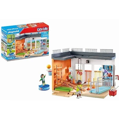 Abbildung von PLAYMOBIL City Life 71328 Anbau Turnhalle, Turnhallen mit Basketballkorb, Slalomstangen, Fußballtor, Tenniszubehör und mehr, Spielzeug für Kinder ab 4 Jahren
