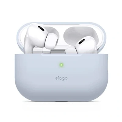 Abbildung von elago Silikonhülle, kompatibel mit Apple AirPods Pro 2nd Generation, LED vorne sichtbar, unterstützt kabelloses Laden (Hellblau)