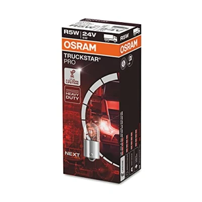 Abbildung von OSRAM TRUCKSTAR® PRO R5W, +120% mehr Helligkeit, Halogen Signallampe, 5627TSP, 24V LKW Lampe, Faltschachtel (10 Lampen)