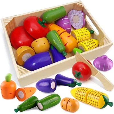Abbildung von Airlab Küchenspielzeug für Kinder aus Holz, Kinderküche Zubehör, Schneiden Obst Gemüse Lebensmittel Holz mit Klett Verbindung, Küche Spielzeug Lernspielzeug Geschenk