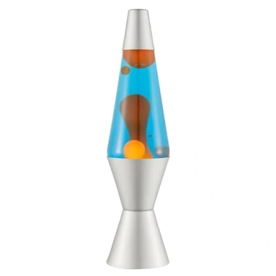 Abbildung von LAVA® Lampe 2117, orangenes Wachs, blaue Flüssigkeit, silberner Sockel und Deckel, Original 14,5 Zoll Bewegungslampe der Marke, Orange/Blau