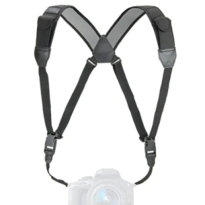 Abbildung von USA GEAR Brustgurt für DSLR Kameras mit Schnellverschlussschnallen, Schwarz Neoprenmuster und Zubehörtaschen kompatibel Canon, Nikon, Sony Point and Shoot spiegellosen