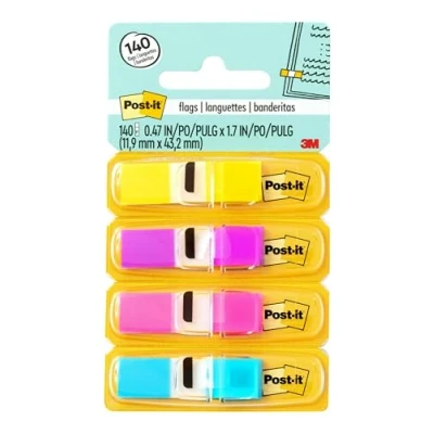 Abbildung von Post it Index Flags Schmal, Packung mit 4 Spendern, 35 Blatt pro Spender, 11, 9 mm x 43, 2 mm, Gelb, Lila, Pink, Blau Zum Markieren, Hervorheben oder Farbcodieren wichtiger Informationen