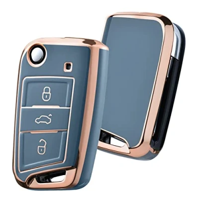 Abbildung von OATSBASF Autoschlüssel Hülle VW, VW Golf 7 Schlüsselhülle, Schlüsselbox Cover für Polo, Skoda, Tiguan, MK7 3 Tasten (Goldener Rand Grau)