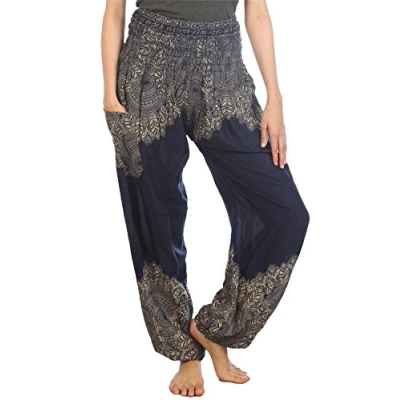 Abbildung von Lofbaz Haremshose Damen Boho Yogahose Pumphose Hippie Hose Kleidung Festival Outfit Sommerhose Leicht Sommer Hosen Floral Dunkelblau 4XL Große Größen