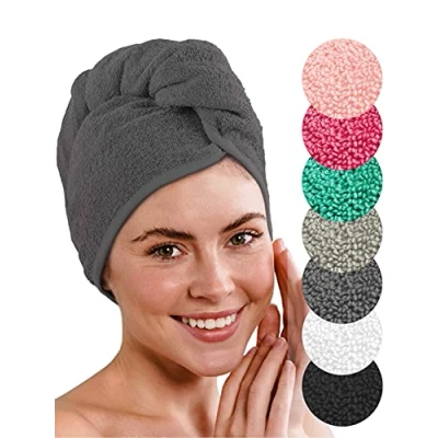 Abbildung von LAYNENBURG Premium Haarturban mit Knopf aus 100% Baumwolle Haar Handtuch inkl. 4 Haargummis für Kurze und Lange Haare Turban ist schnelltrocknend saugstark (anthrazit)
