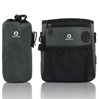 Abbildung von SkyeFang Futterbeutel Hund,2 in 1 Leckerlibeutel für Hunde,mit Wasserflasche Tasche,Abnehmbare Futtertasche mit Kotbeutelspender Gassigehen &amp; Hundetraining (Schwarzgrün)