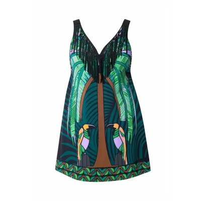 Abbildung von Ulla Popken Fringed Jungle Motif Sweetheart Neckline Badeanzug, Damen, Größe: 50, Black