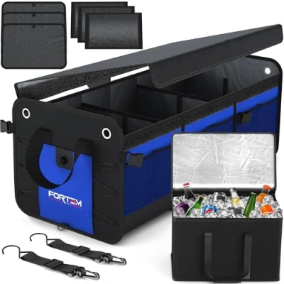 Abbildung von FORTEM Kofferraum Organizer, Kofferraumtasche, Zusammenklappbarer Auto Organizer mit Fächern, Rutschfester Boden, Verstellbare Sicherungsriemen, Klappbarer Deckel (Extragroß Kühler)