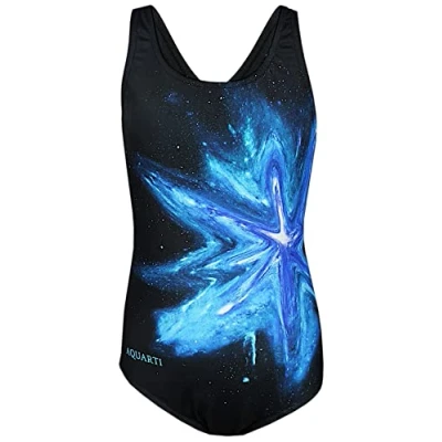 Abbildung von Aquarti Mädchen Badeanzug Chlorresistent Schwimmanzug Muscleback Wassersport Swimsuit, Farbe: Bunter Fleck Türkis Blau/Schwarz, Größe: 152