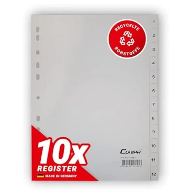 Abbildung von Conipa® 10er Set 1 12 Register für Ordner DIN A4 (MADE IN GERMANY) Registerblätter &amp; Trennblätter mit Zahlen (nummeriert) Kunststoff (PP) Trennregister Akten, Ringbücher Hefter (Grau)