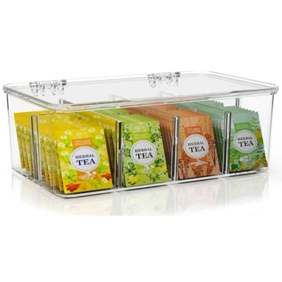 Abbildung von KICHLY Teebeutel Organizer 1er Pack stapelbar Lagerung Veranstalter mit klaren Deckel Halter für Arbeitsplatten, Küchenschränke, Vorratskammern, Süßungsmittel (Klar)