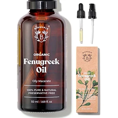Abbildung von Bionoble Bockshornklee Öl Bio 50ml Mazerat aus Bockshornkleesamen + Sonnenblumenöl Körper, Brustbereich, Gesäß, Haare, Nägel Vegan Fenugreek Oil Glasflasche Pipette Pumpe
