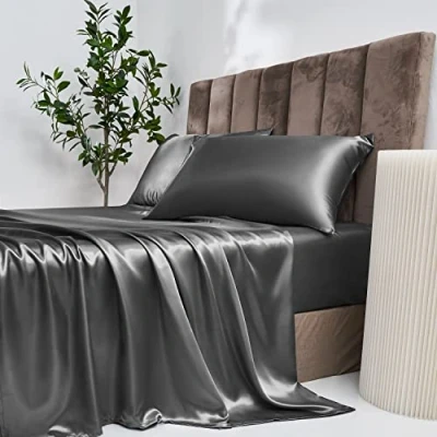 Abbildung von Damier Satin Spannbettlaken 200x200cm Grau Dunkelgrau Seide Glänzend Spannbetttuch Hochwertiges Deluxe Bettlaken, geeignet für Matratzen bis 30cm