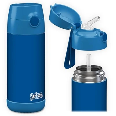 Abbildung von Jarlson® Trinkflasche Kinder Edelstahl CHARLI mit Strohhalm Thermosflasche 350ml TÜV geprüft BPA frei auslaufsicher Thermo Wasserflasche für Schule, Kindergarten Blau, 350 ml