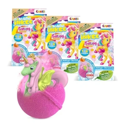 Abbildung von INKEE GALUPY Unicorn 3er Set 3x Badebomben Kinder mit Überraschung, Badekugeln 100g Einhornfiguren, Karamellduft &amp; Jojobaöl
