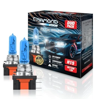 Abbildung von Diamond Vision 2x H15 12V 55/15W Xenon Look Halogen KFZ Autolampen 8500k Super Ultra White Kaltweiß extrem langlebig E Prüfzeichen PGJ23t 1