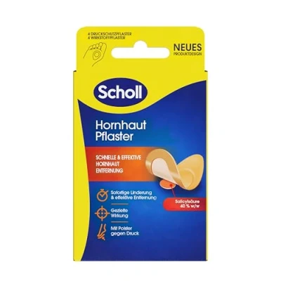 Abbildung von Scholl Hornhaut Pflaster zur Entfernung von an den Füßen, 4 Wirkstoffpflaster und Druckschutzpflaster lindert sofort Schmerz beseitigt dermatologisch getestet, Weiß