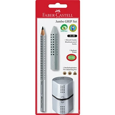 Abbildung von FABER CASTELL 111996 Bleistiftset Jumbo GRIP 2001, mit Bleistift B, Radierer und Spitzer, silber