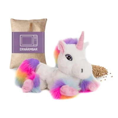 Abbildung von Habibi Premium Wärmekissen/Stofftier f. Kinder u. Erwachsene 1943 Einhorn White Rainbow, herausnehmbare Hirsefüllung Wärmekuscheltier zum Erwärmen in der Mikrowelle/Backofen, ideal auch für Babys