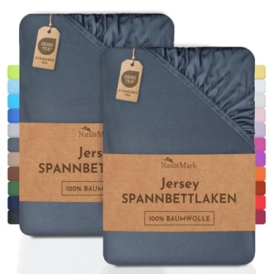 Abbildung von NatureMark 2er Pack Jersey Spannbettlaken, Spannbetttuch 100% Baumwolle in vielen Größen und Farben MARKENQUALITÄT ÖKOTEX Standard 100 90 x 190 cm 200 anthrazit grau