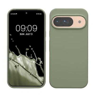 Abbildung von kwmobile Hülle kompatibel mit Google Pixel 9 / Pro Silikon Handy Case Handyhülle weiche Oberfläche kabelloses Laden Graugrün