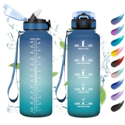 Abbildung von Trinkflasche Sport 1.5L, Auslaufsicher Wasserflasche Kohlensäure Geeignet, mit Zeitmarkierung, Strohhalm, Sportflasche für Oudoor, Sprudel, Camping, Fahrrad, Fitness