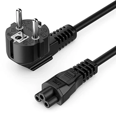 Abbildung von deleyCON 2m Netzkabel Stromkabel Schutzkontakt Stecker Typ F (CEE 7/4) 90 Gewinkelt auf IEC C5 Buchse 2,5 Ampere Kleeblattkupplung TV Monitor Bildschirm Laptop Notebook Netzteil Schwarz